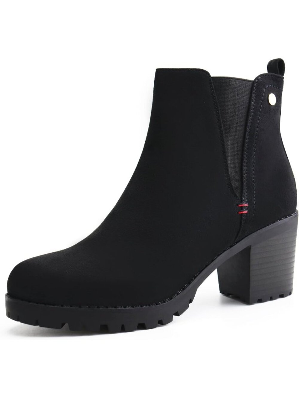 Women's Black Suede Ankle Booties Slip On Chelsea Chunky Block Heel Short Boots